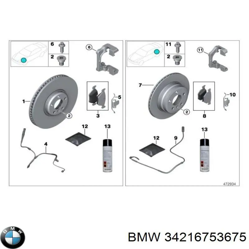 Juego de resortes de sujeción de pastillas de freno traseras 34216753675 BMW