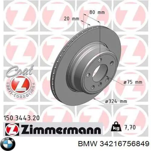 Disco de freno trasero 34216756849 BMW