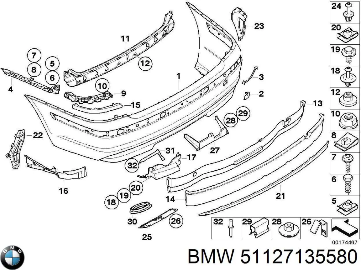 Moldura de parachoques trasero central para BMW 7 (E65, E66, E67)