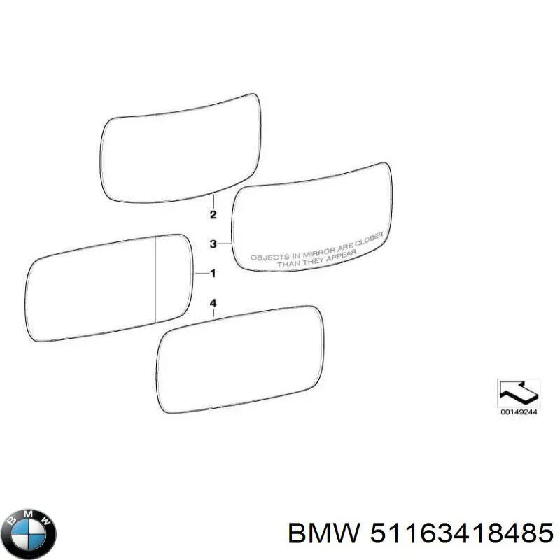 51163418485 BMW cristal de espejo retrovisor exterior izquierdo
