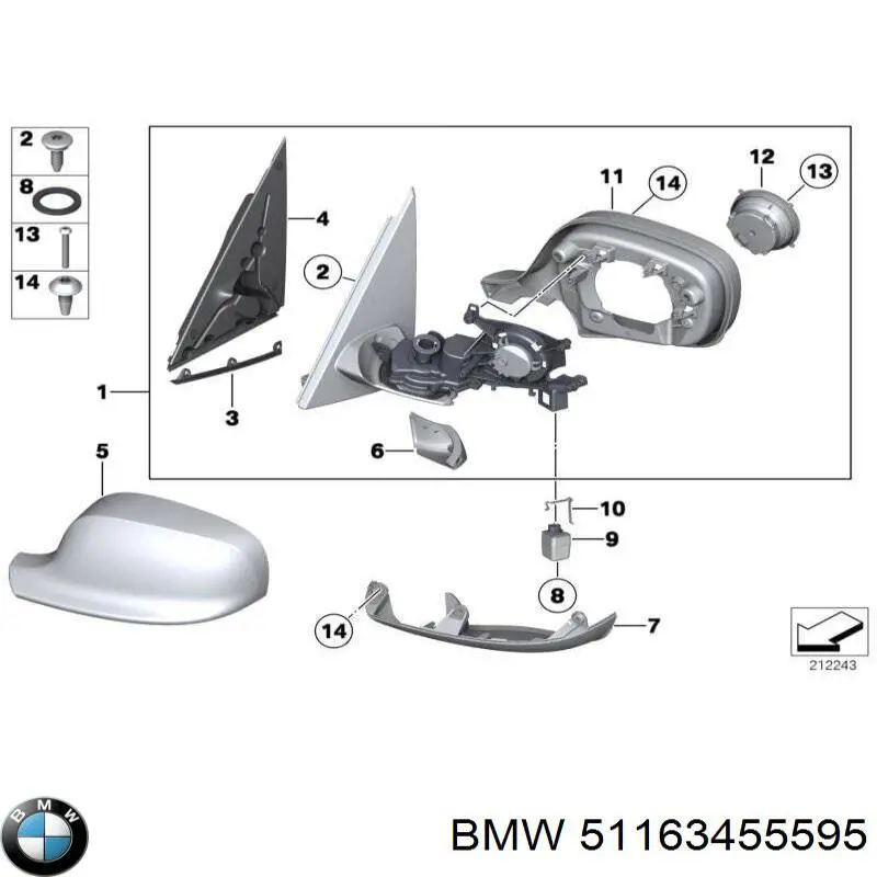 51163455595 BMW cristal de espejo retrovisor exterior izquierdo