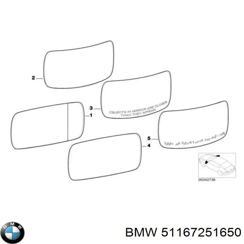 51167251650 BMW cristal de espejo retrovisor exterior derecho