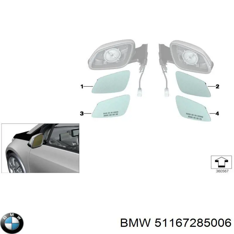 51167285006 BMW cristal de espejo retrovisor exterior derecho