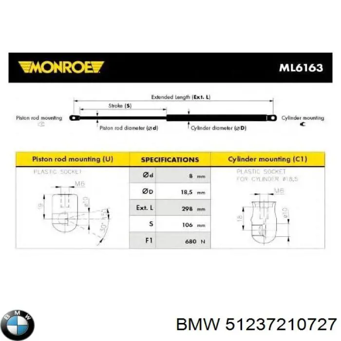 51237210727 BMW muelle neumático, capó de motor