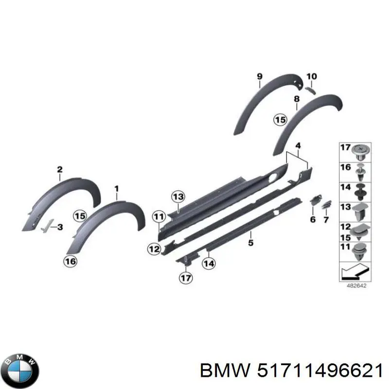 51711496621 BMW clip, tubuladura de sujeción, alféizar de la puerta