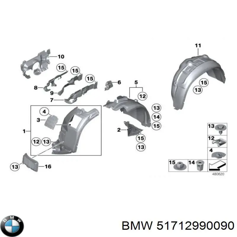 51712990090 BMW Guardabarros interior trasero derecho del guardafango delantero