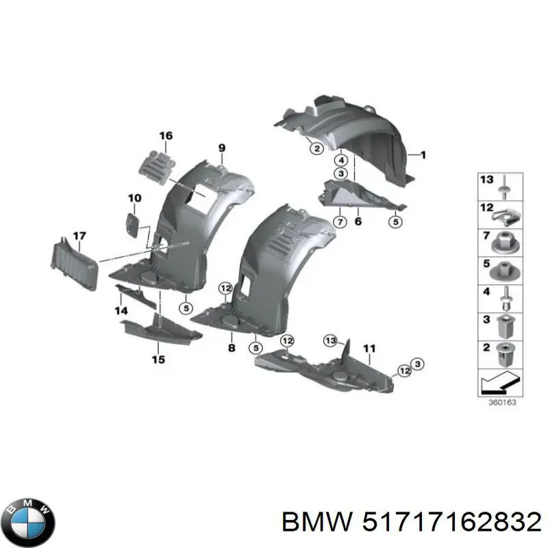 51717162832 BMW guardabarros interior, aleta delantera, derecho delantero