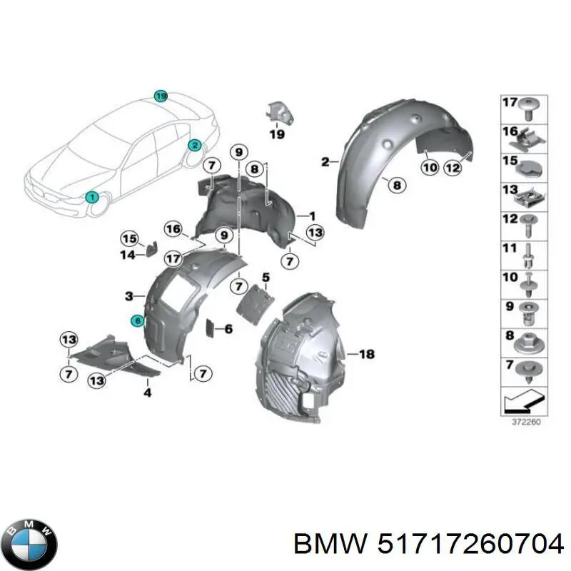 51717260704 BMW guardabarros interior, aleta delantera, derecho trasero