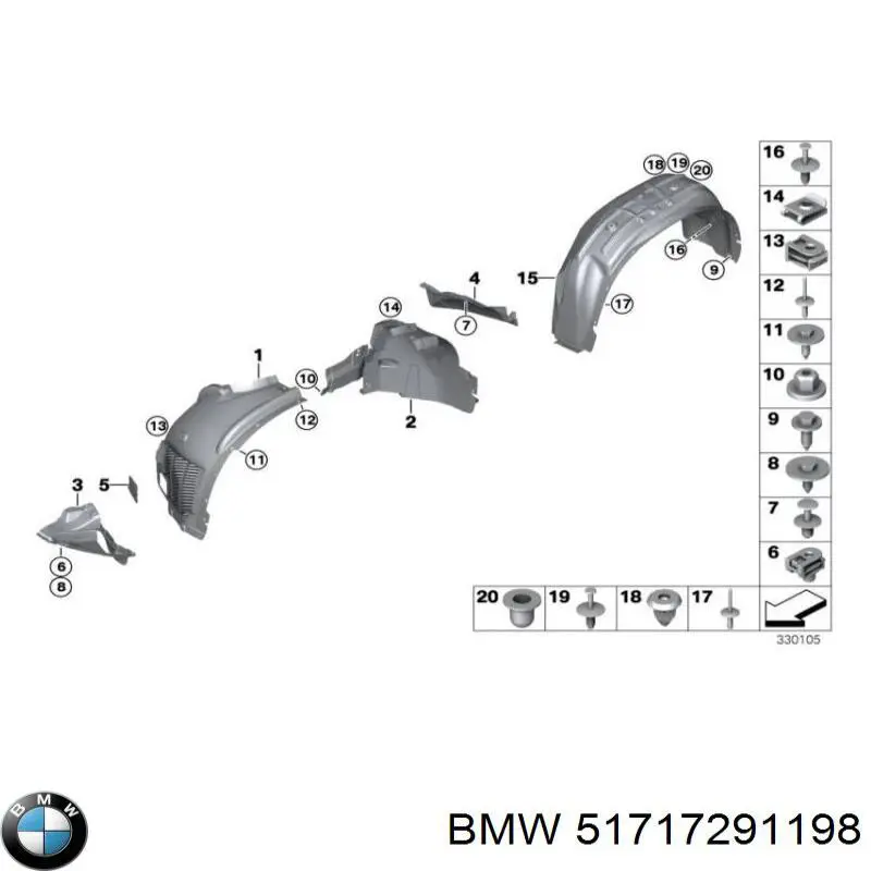 51717291198 BMW guardabarros interior, aleta delantera, derecho trasero