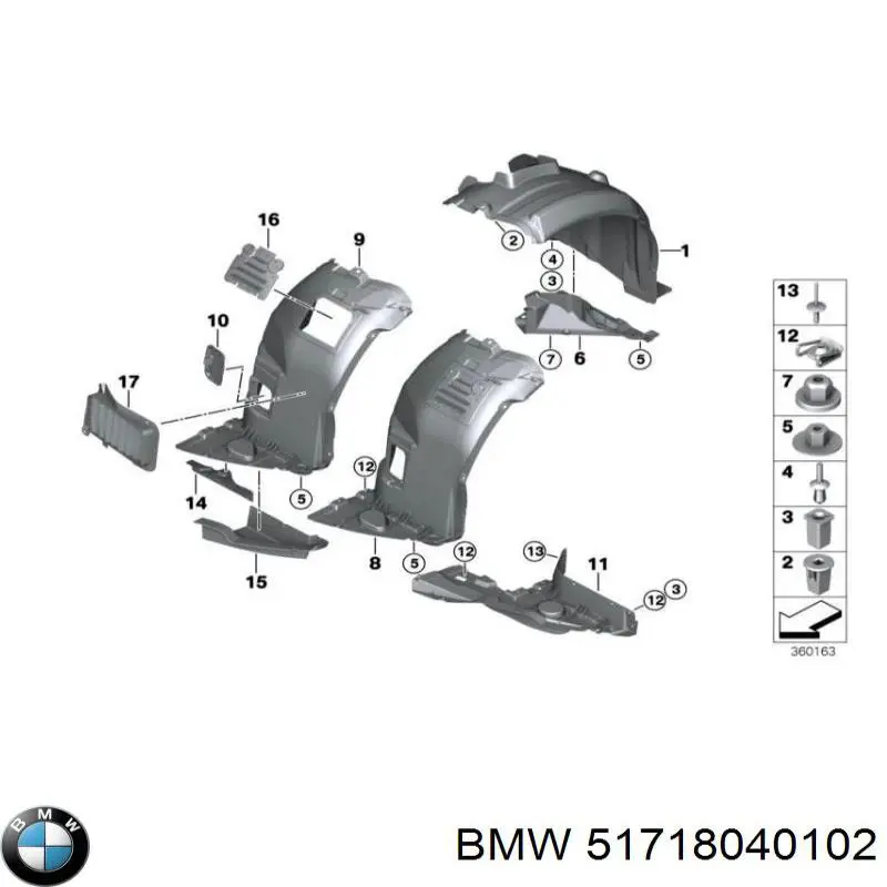 51718040102 BMW guardabarros interior, aleta delantera, derecho delantero