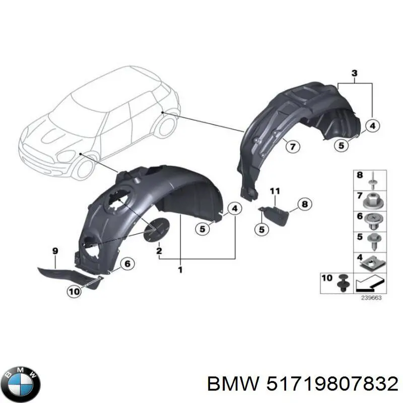 51719807832 BMW guardabarros interior, aleta delantera, derecho