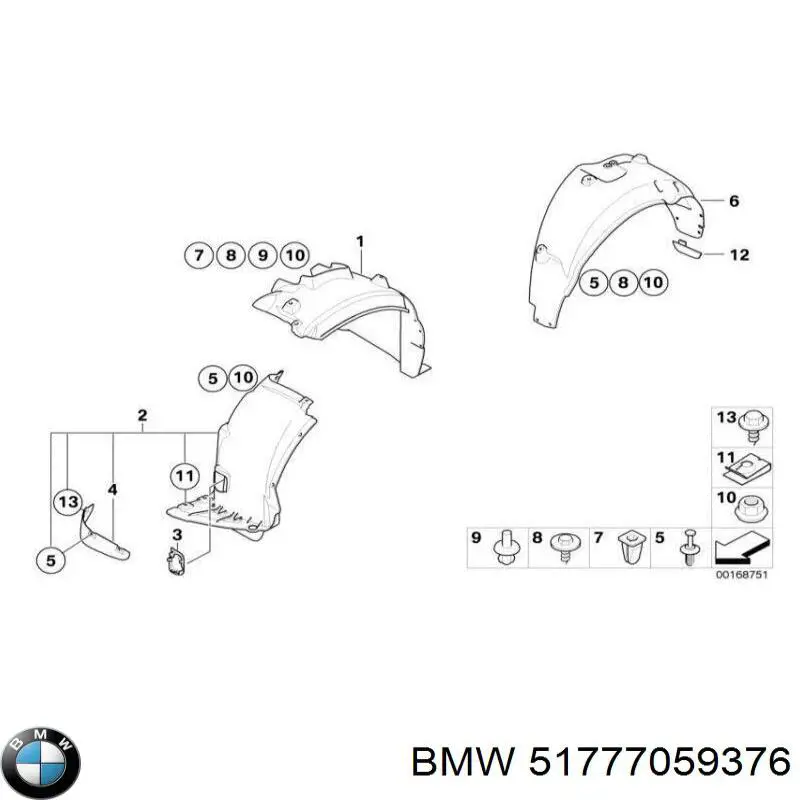 51777059376 BMW guardabarros interior, aleta delantera, derecho delantero