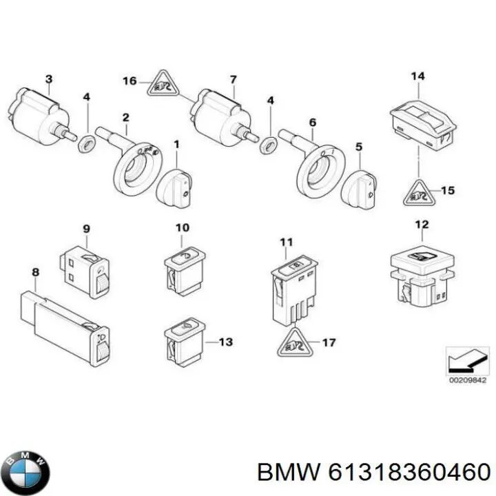 Botón de elemento de regulación, regulación del alcance de faros BMW 61318360460