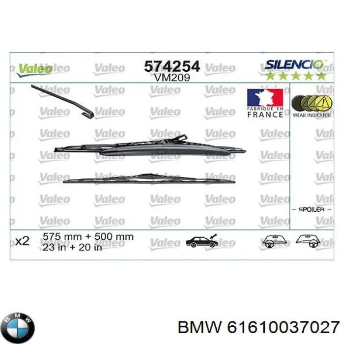 61610037027 BMW juego de limpiaparabrisas de luna delantera, 2 piezas