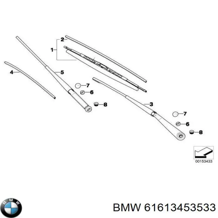 61613453533 BMW brazo del limpiaparabrisas, lavado de parabrisas, luna delantera