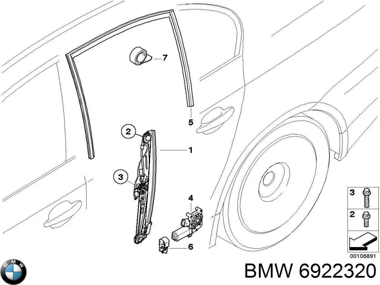 6922320 BMW motor eléctrico, elevalunas, puerta trasera derecha