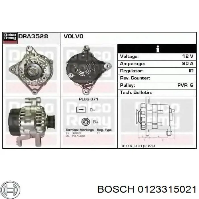 0123315021 Volvo Alternador de coche