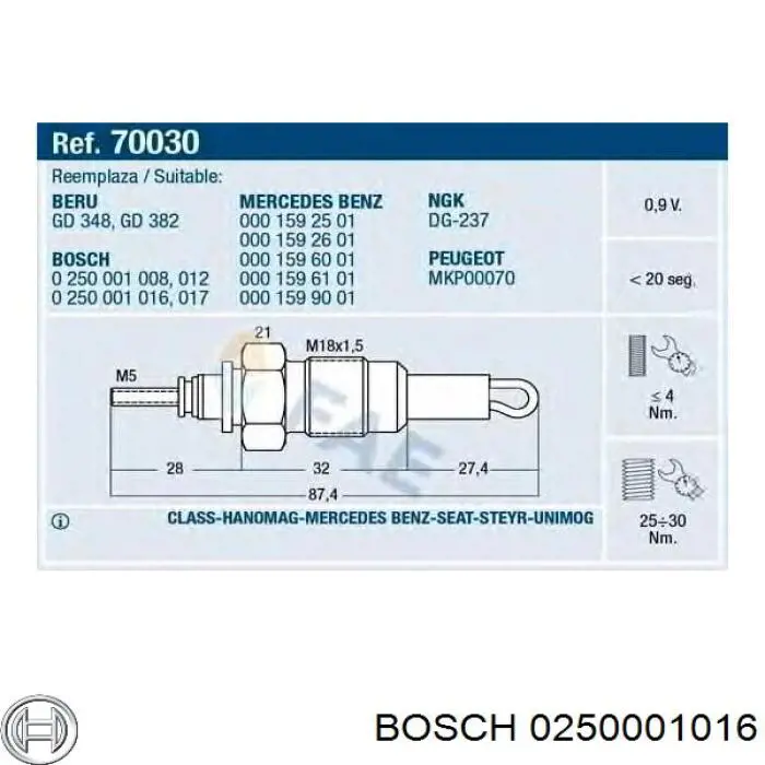 0 250 001 016 Bosch bujía de incandescencia