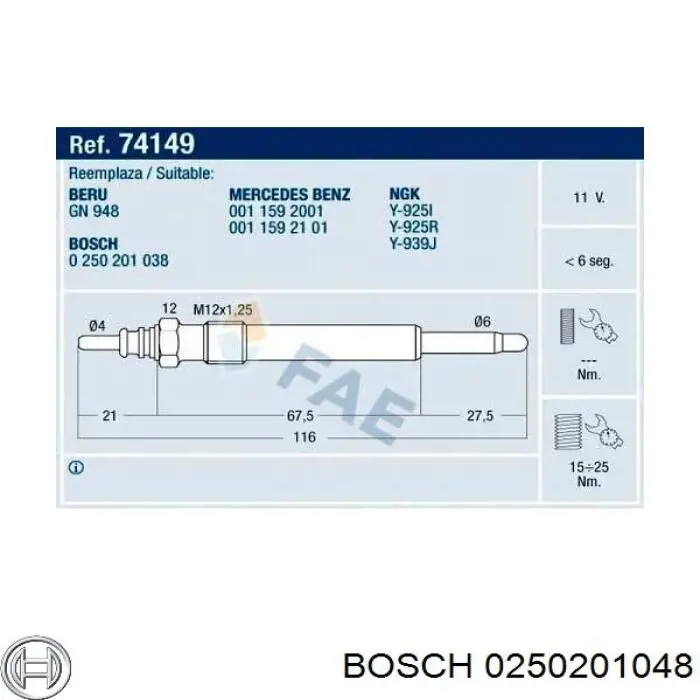 0250201048 Bosch bujía de precalentamiento