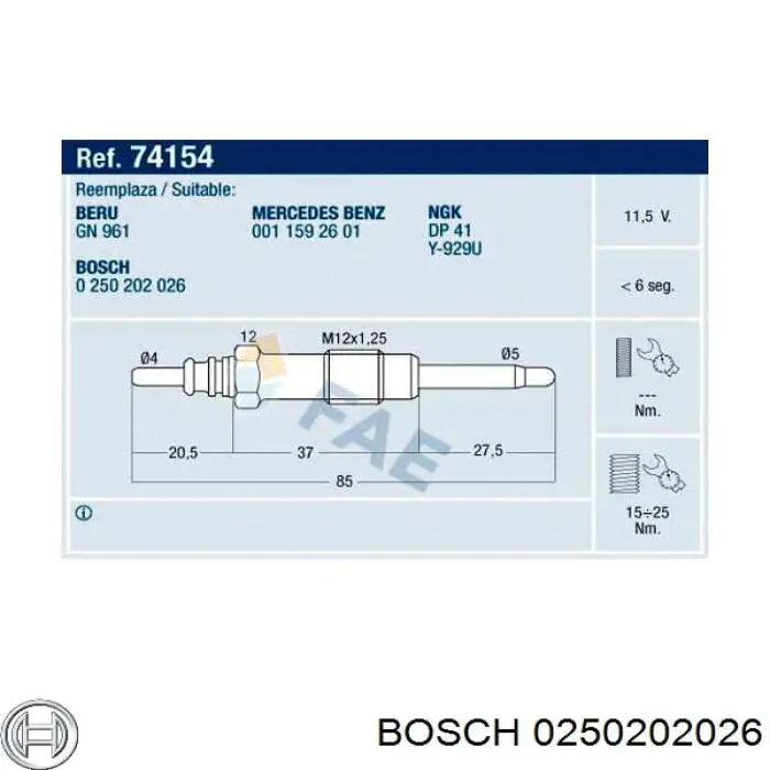 0250202026 Bosch Bujías de calentamiento