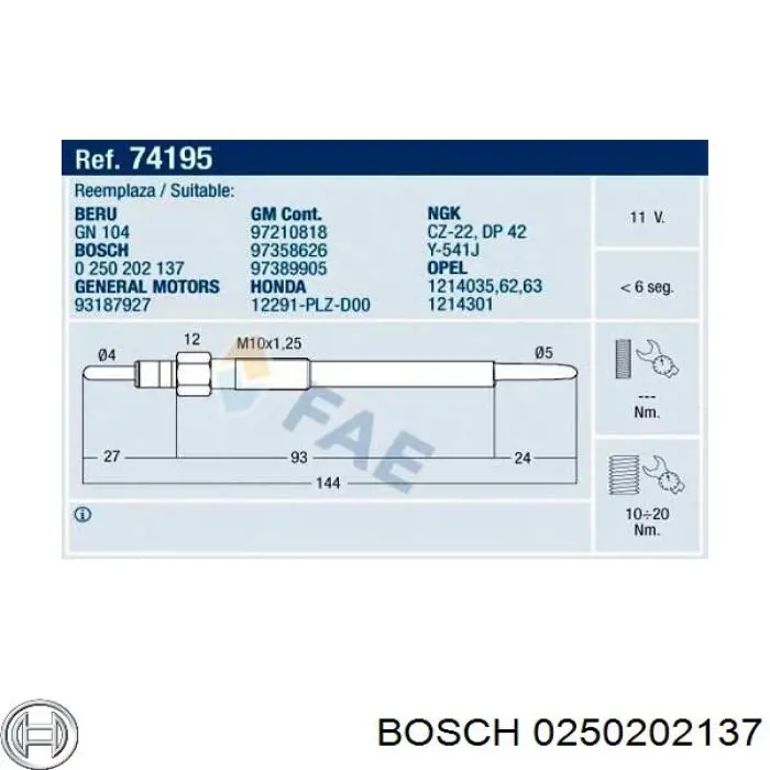 0 250 202 137 Bosch bujía de precalentamiento