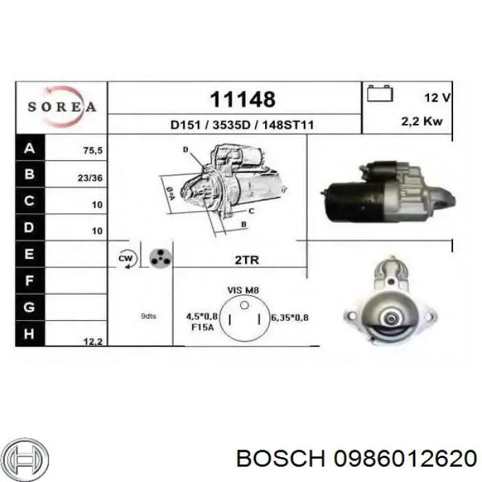 0986012620 Bosch motor de arranque