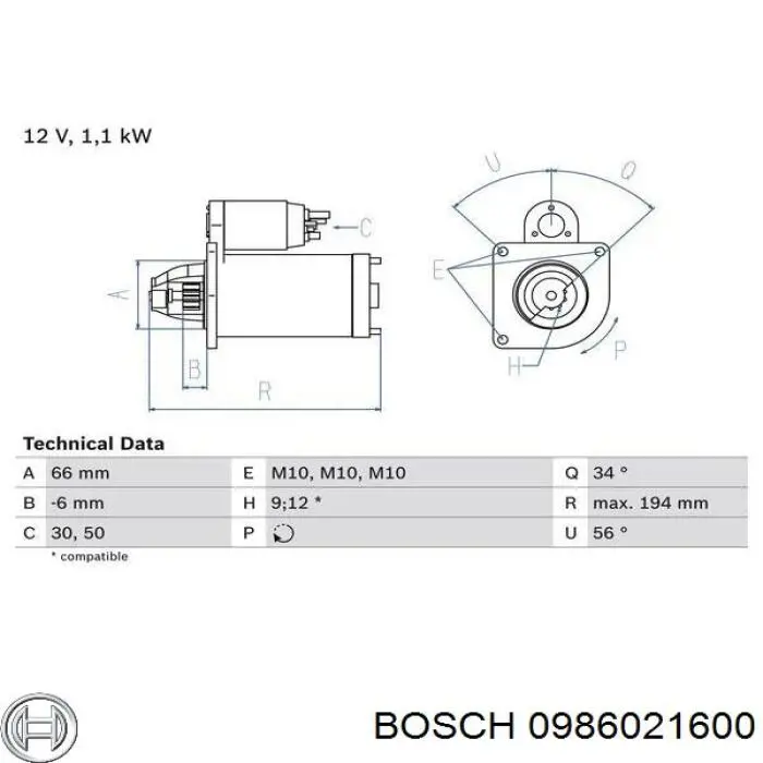 0 986 021 600 Bosch motor de arranque