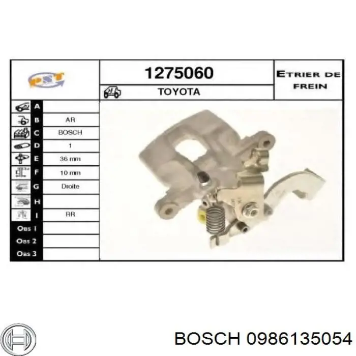 Pinza de freno trasera derecha Bosch 0986135054