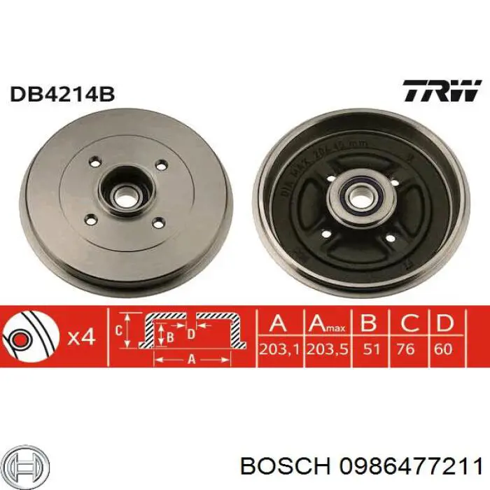 0 986 477 211 Bosch freno de tambor trasero