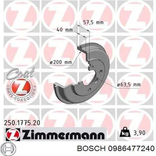 Tambor de freno trasero 0986477240 Bosch