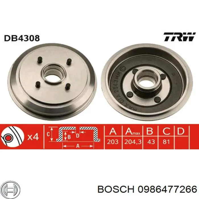 0 986 477 266 Bosch freno de tambor trasero