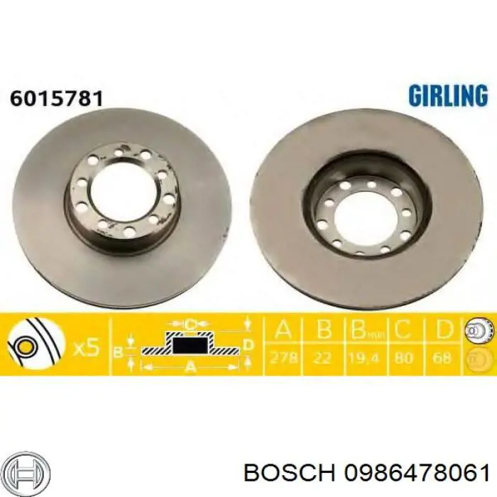 0986478061 Bosch disco de freno delantero