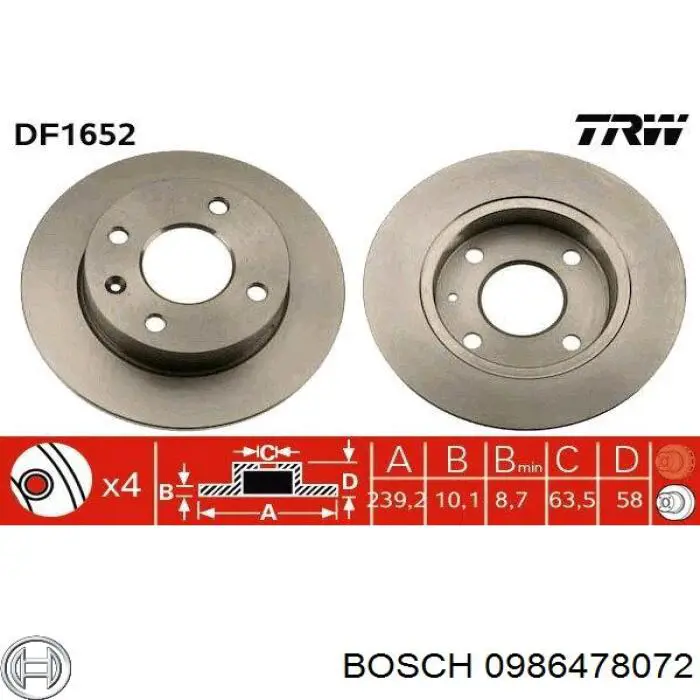 0986478072 Bosch disco de freno delantero