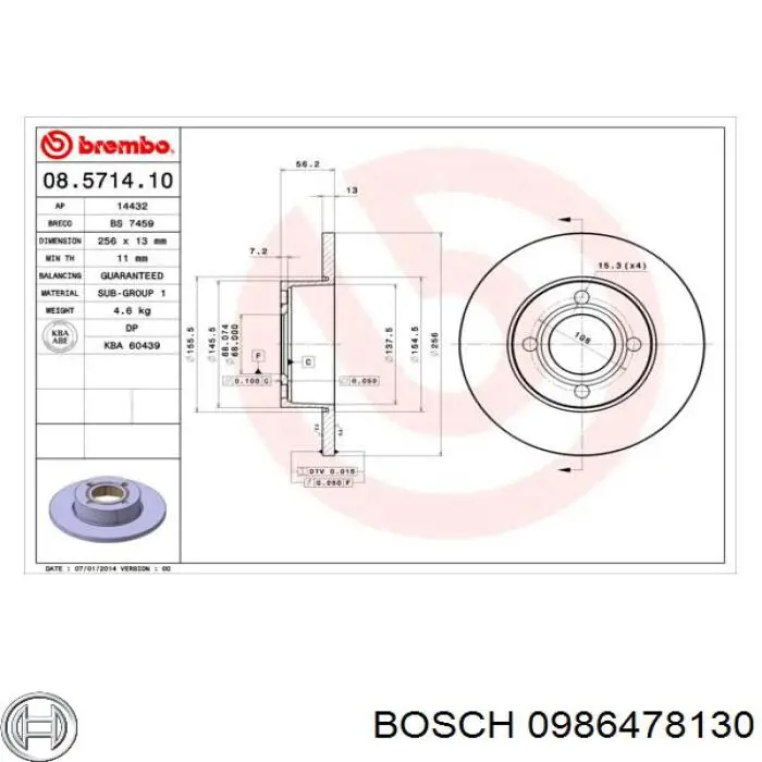 0 986 478 130 Bosch disco de freno delantero