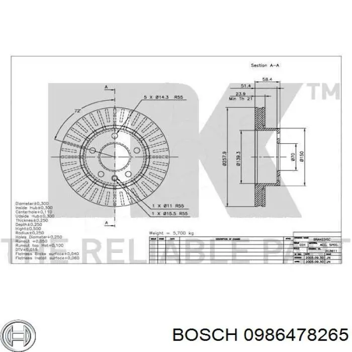 Disco de freno delantero Bosch 0986478265