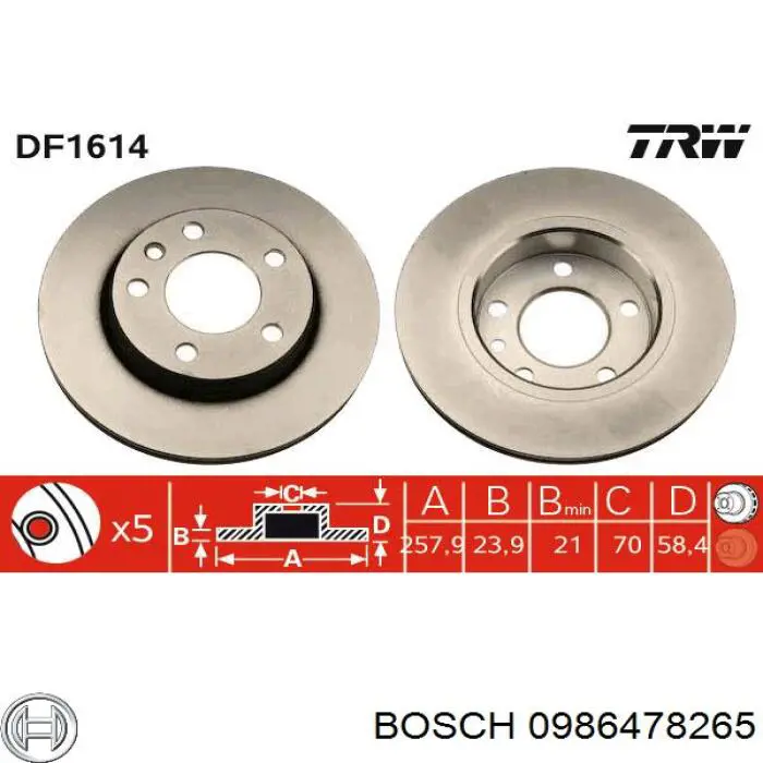 Comprar 0986478265 Bosch Freno de disco delantero