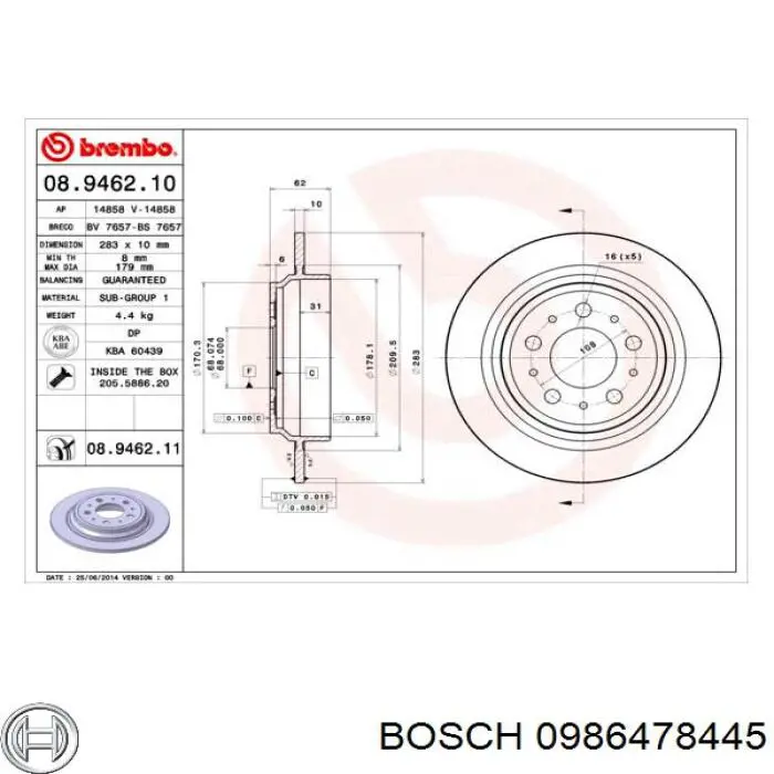 0 986 478 445 Bosch disco de freno trasero