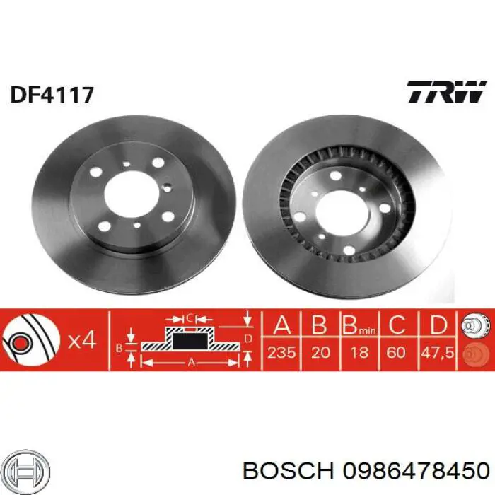 0986478450 Bosch disco de freno delantero