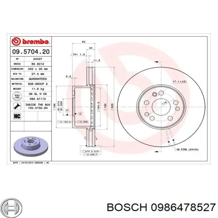 Disco de freno 0986478527 Bosch