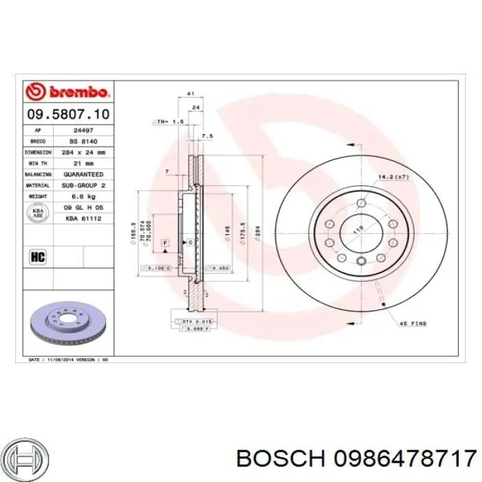 0986478717 Bosch freno de disco delantero