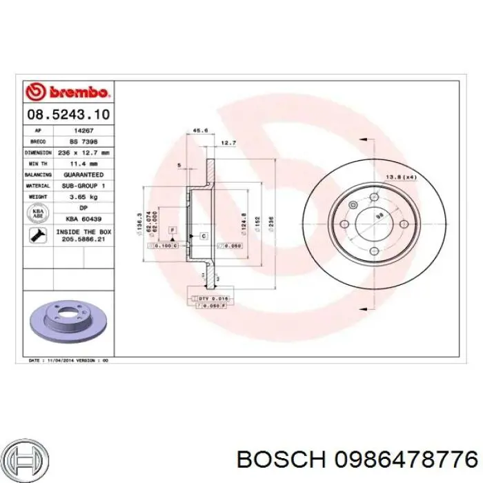 0986478776 Bosch freno de disco delantero