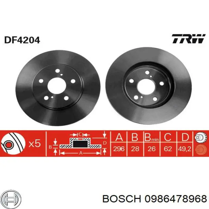 Comprar 0986478968 Bosch Freno de disco delantero