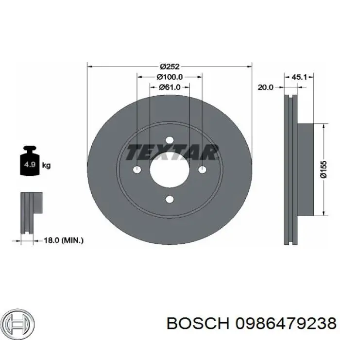 0986479238 Bosch disco de freno delantero