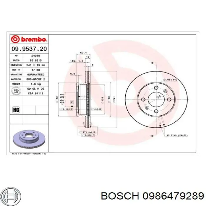 0986479289 Bosch disco de freno delantero