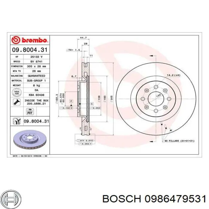 0 986 479 531 Bosch disco de freno delantero