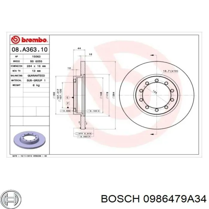 0986479A34 Bosch disco de freno trasero