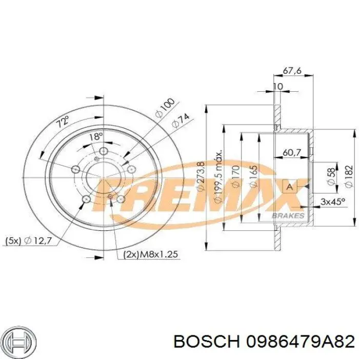 Disco de freno trasero 0986479A82 Bosch