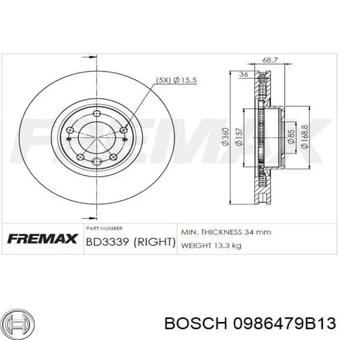 Disco de freno 0986479B13 Bosch