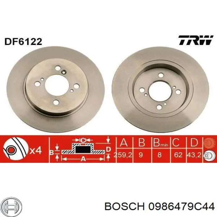 0986479C44 Bosch disco de freno trasero