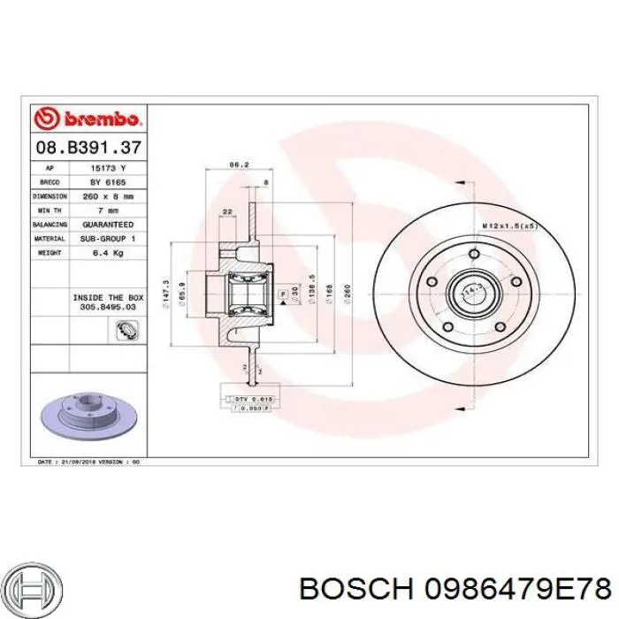 Disco de freno trasero 0986479E78 Bosch